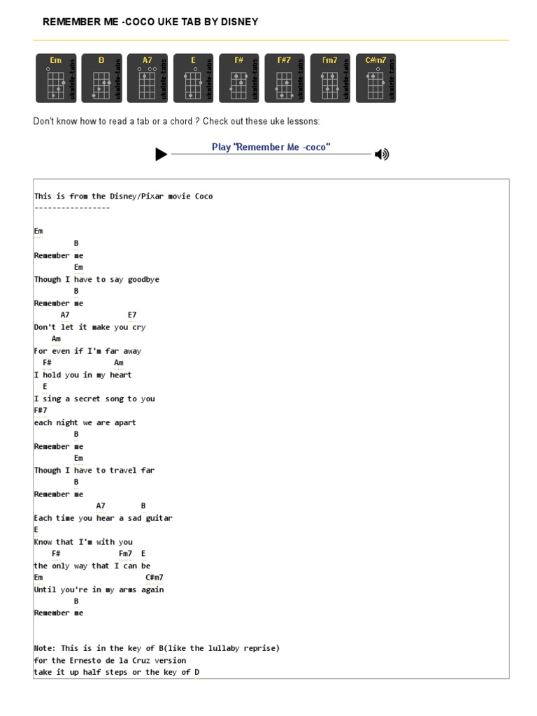 Remember Me Coco Uke Tab by Disney