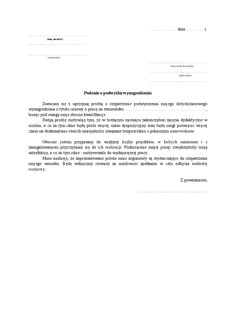 Podanie O Warunkowe Przejście Do Następnej Klasy Wzór Podanie o Podwyżkę - Wzór | PDF