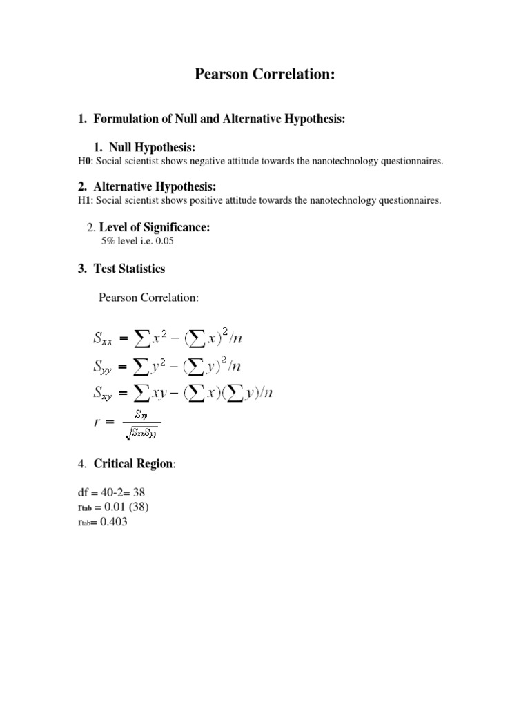 Pearson Correlation 1. Formulation of Null and Alternative Hypothesis