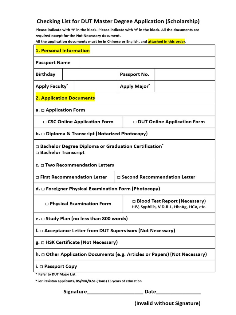 Checking List For DUT Master Degree Application (Scholarship) PDF