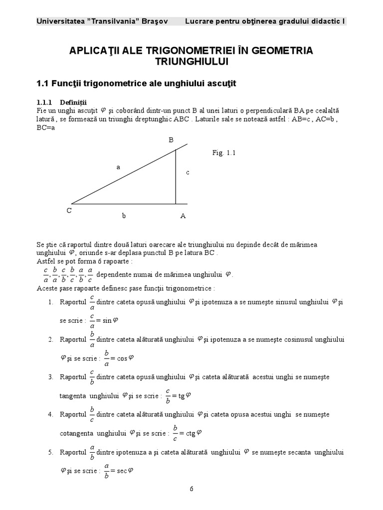 Aplicatii Ale Trigonometriei In Geometria Triunghiului