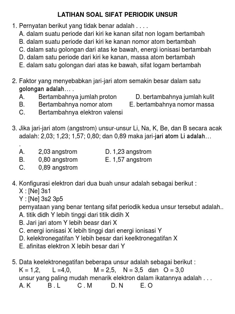 Latihan Soal Sifat Periodik Unsur