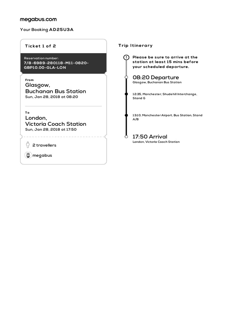 Glasgow, Buchanan Bus Station 0820 Departure Your Booking AD 25U3A AD