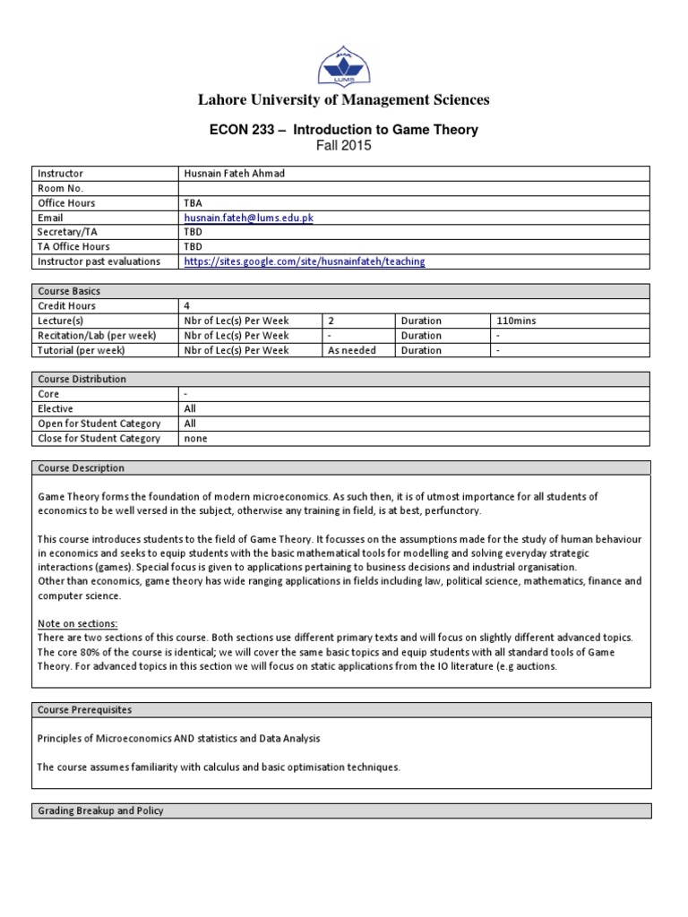 Game Theory Course Overview at LUMS | PDF | Etiquette | Game Theory