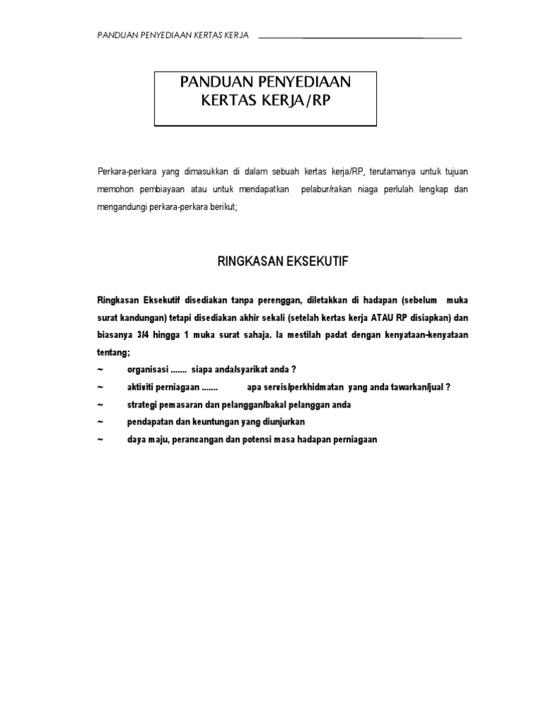 Contoh Kertas Kerja Perniagaan