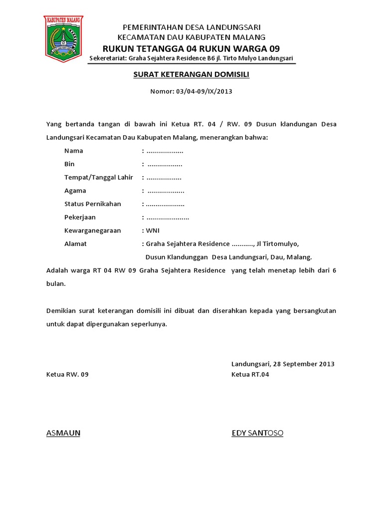 Surat Keterangan Domisili Malang