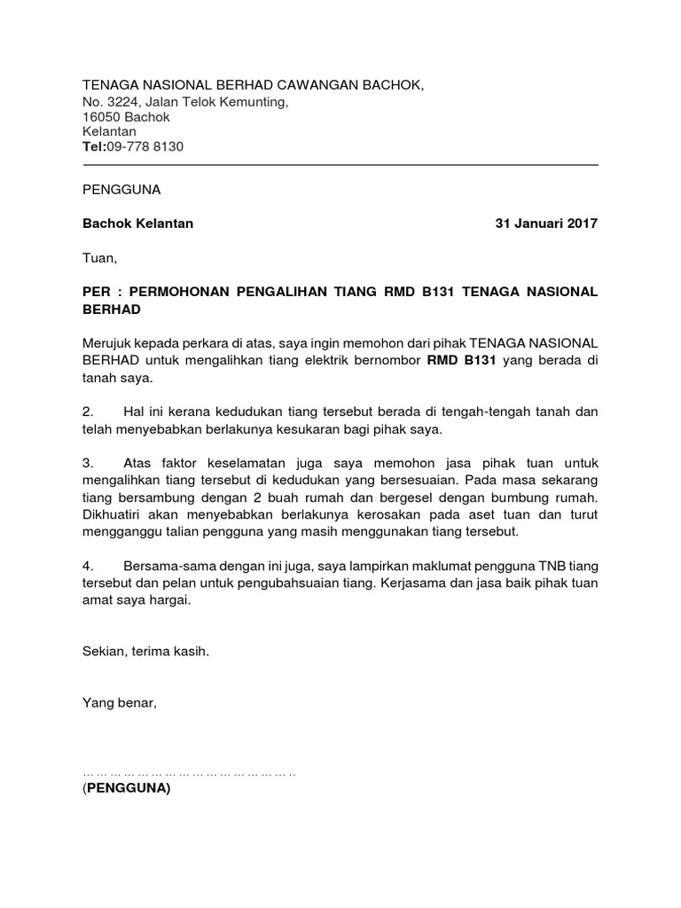 Contoh Surat Alih Tiang Elektrik Tnb