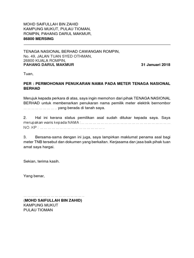 Contoh Surat Rasmi Alih Tiang Elektrik