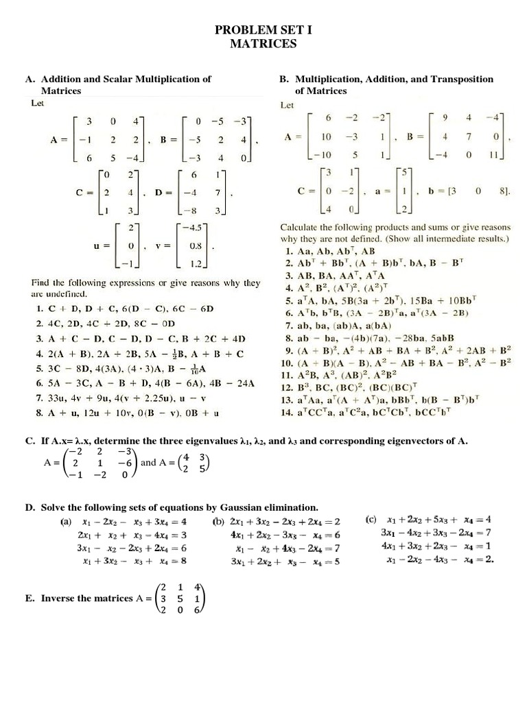 Matrix Operations Problem Set | PDF | Teaching Methods & Materials