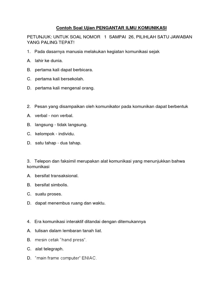 Contoh Soal Ujian Pengantar Ilmu Komunikasi