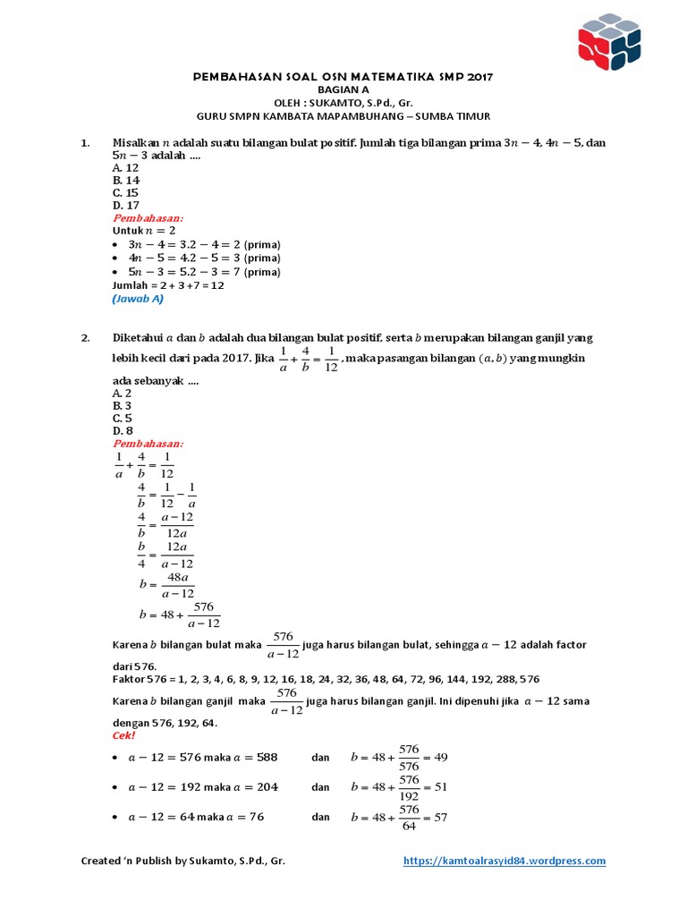 Pembahasan Soal Osn Matematika Smp 2017 Pdf