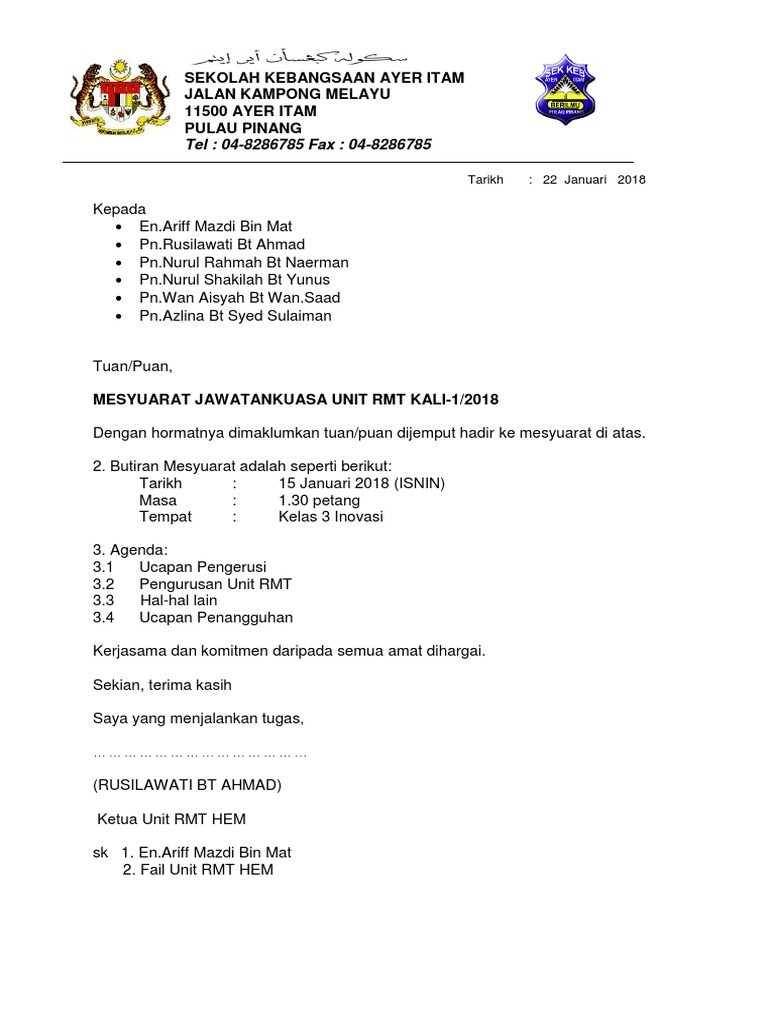 Contoh Surat Panggilan Mesyuarat Rmt