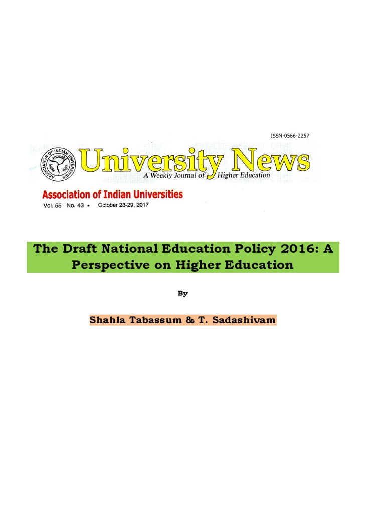 The Draft National Education Policy 2016 A Perspective On Higher ...