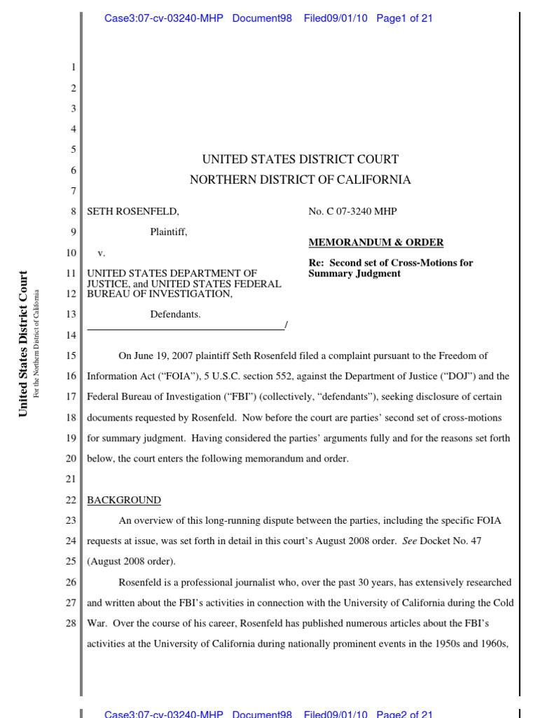 Rosenfeld v. DOJ Freedom Of Information Act (United States) Summary