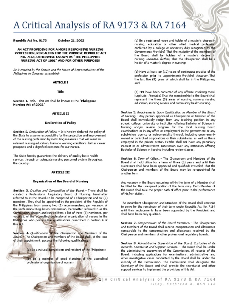 Analysis of RA 9173 and RA 7164 | PDF | Nursing | Licensure
