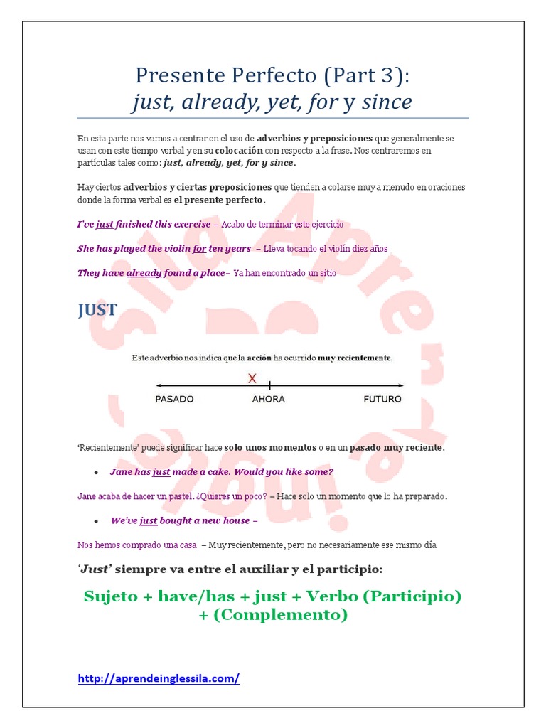 Uso de Just, Already, Yet, For y Since | PDF | Verbo | Asunto (gramática)