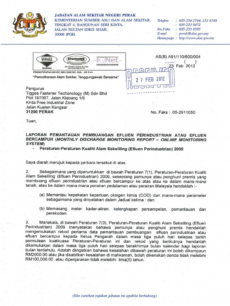 Letter From Doe Start On Line Monitoring Monthly Discharge Pdf