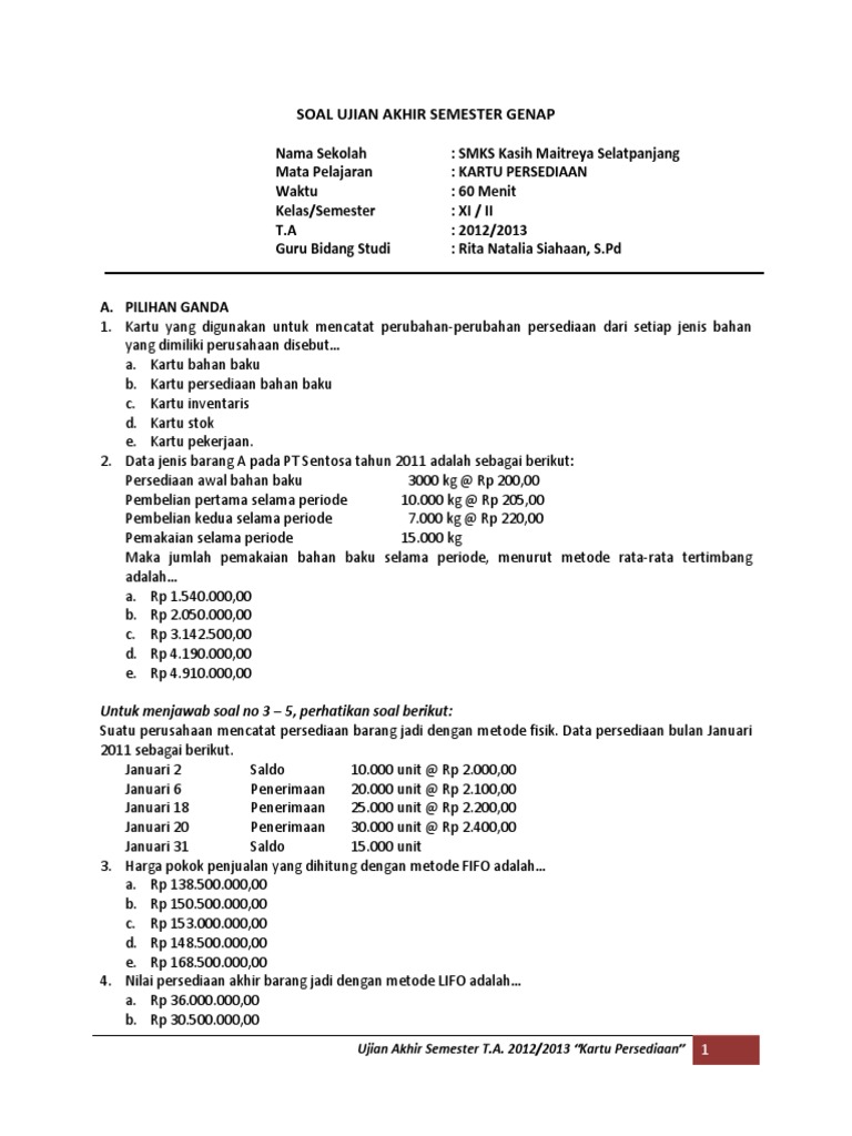 Soal Ujian Akhir Semester Genap Kartu Persediaan