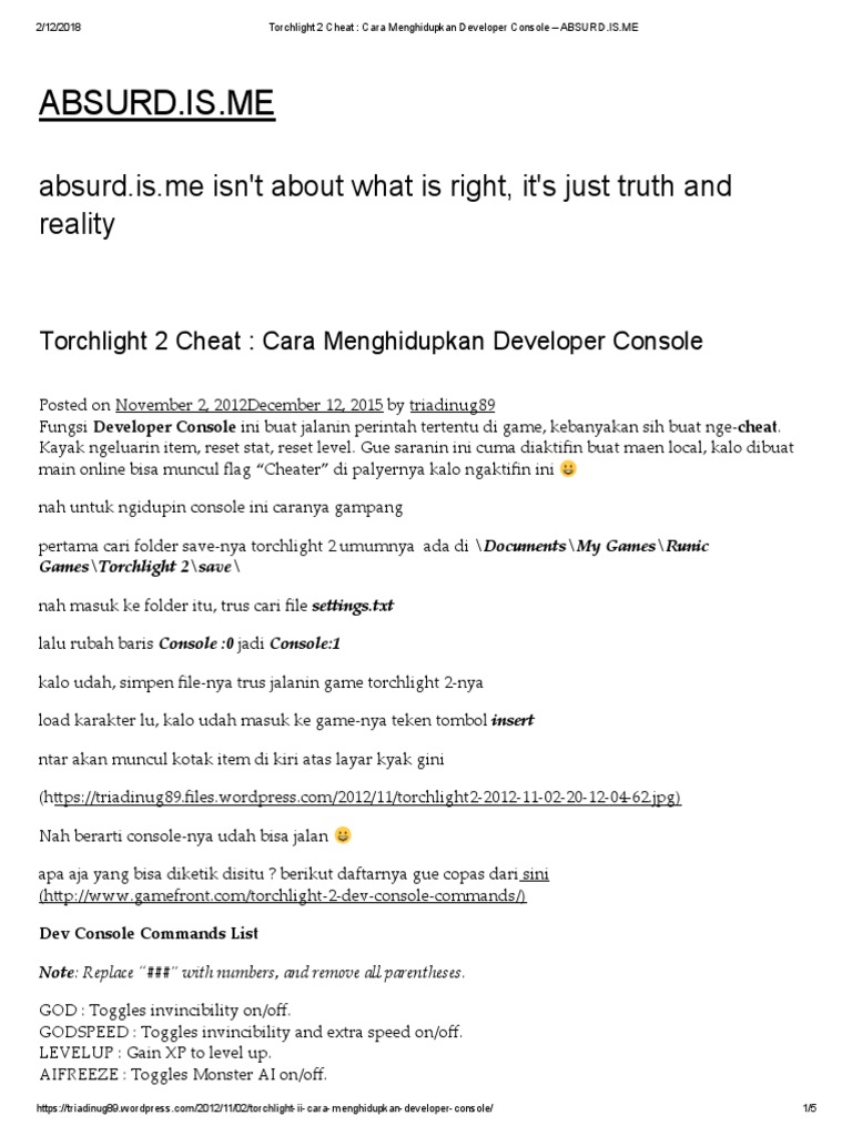 Cheat Developer Console Torchlight 2 | PDF