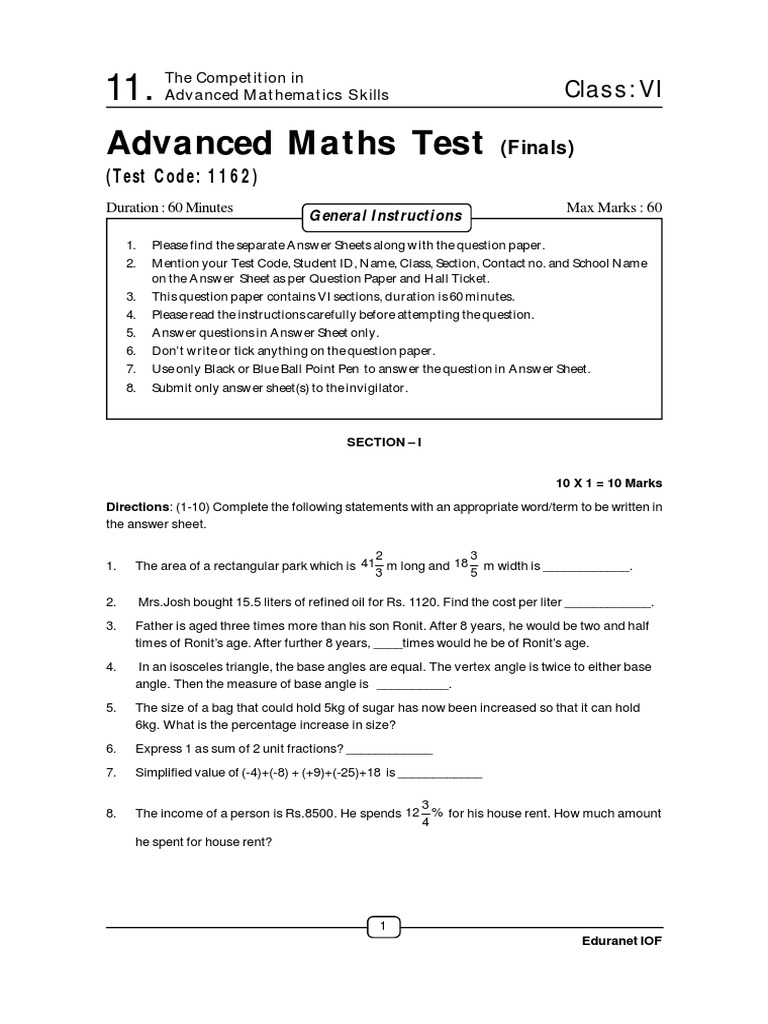 Advanced Maths Test: Class: VI | PDF | Fraction (Mathematics) | Triangle