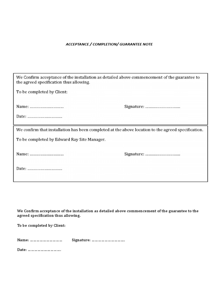 Acceptance / Completion/ Guarantee Note | PDF | Technology & Engineering