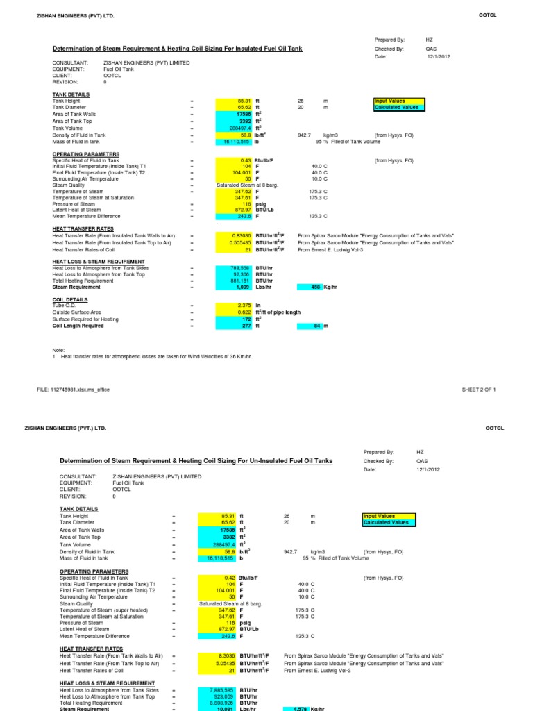 Heating Coil Sizing For Fuel Oil Tank | PDF | Heat Transfer | Steam