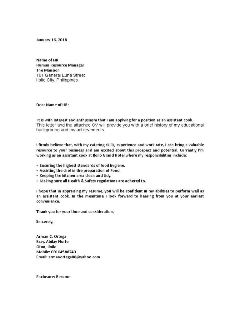 Cover Letter Assistant Cook | PDF | Human Resource Management | Food ...