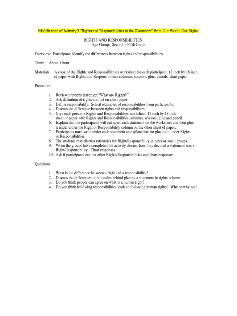 Classroom Rights and Responsibilities Activity | PDF | Lesson Plan ...