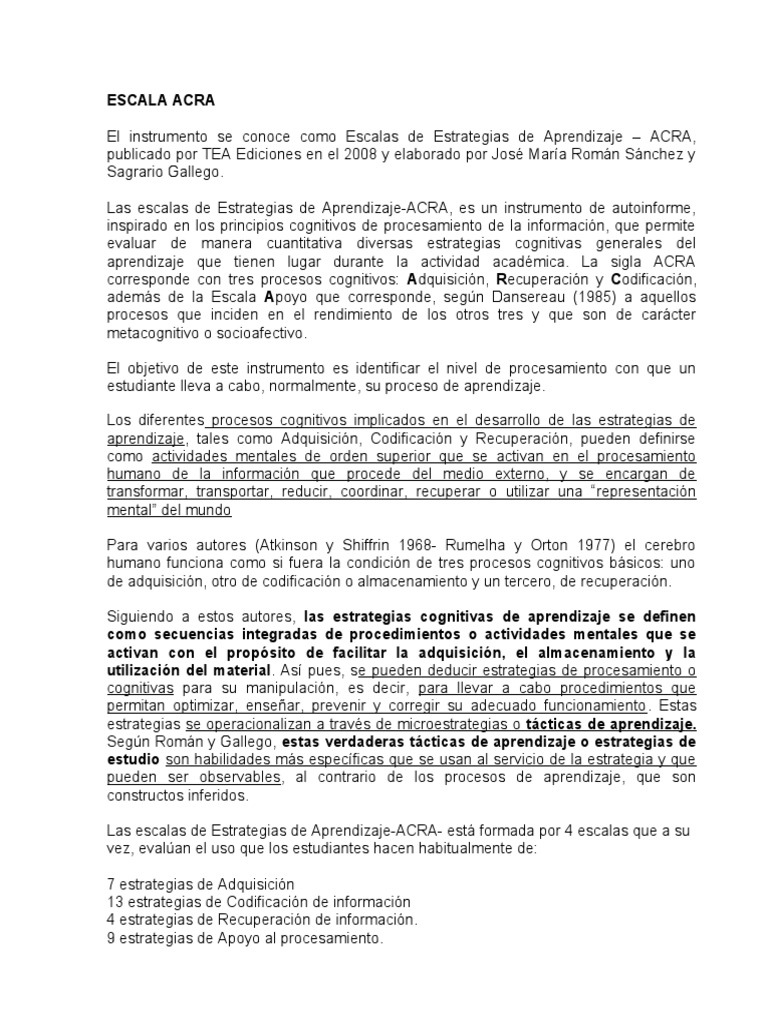 Estrategias de Aprendizaje ACRA | PDF | Memoria | Aprendizaje