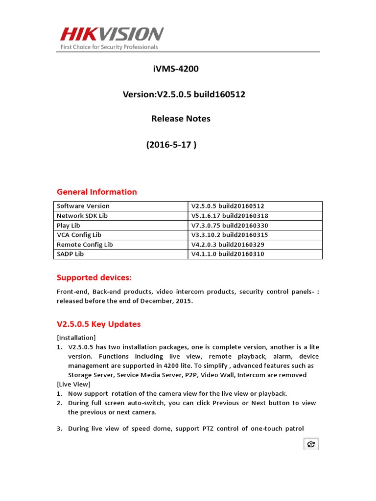 IVMS-4200 v2.5.0.5 Release Notes | PDF | Screenshot | Live Preview