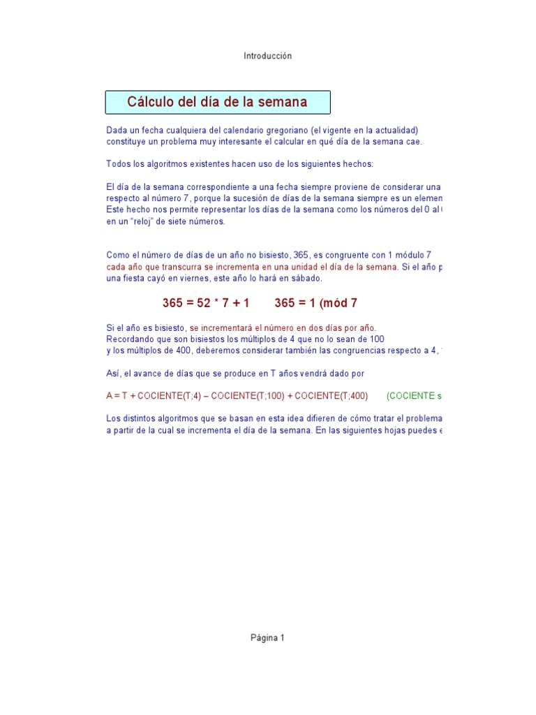 Cálculo del Día de la Semana | PDF | Calendario | Enseñanza de matemática