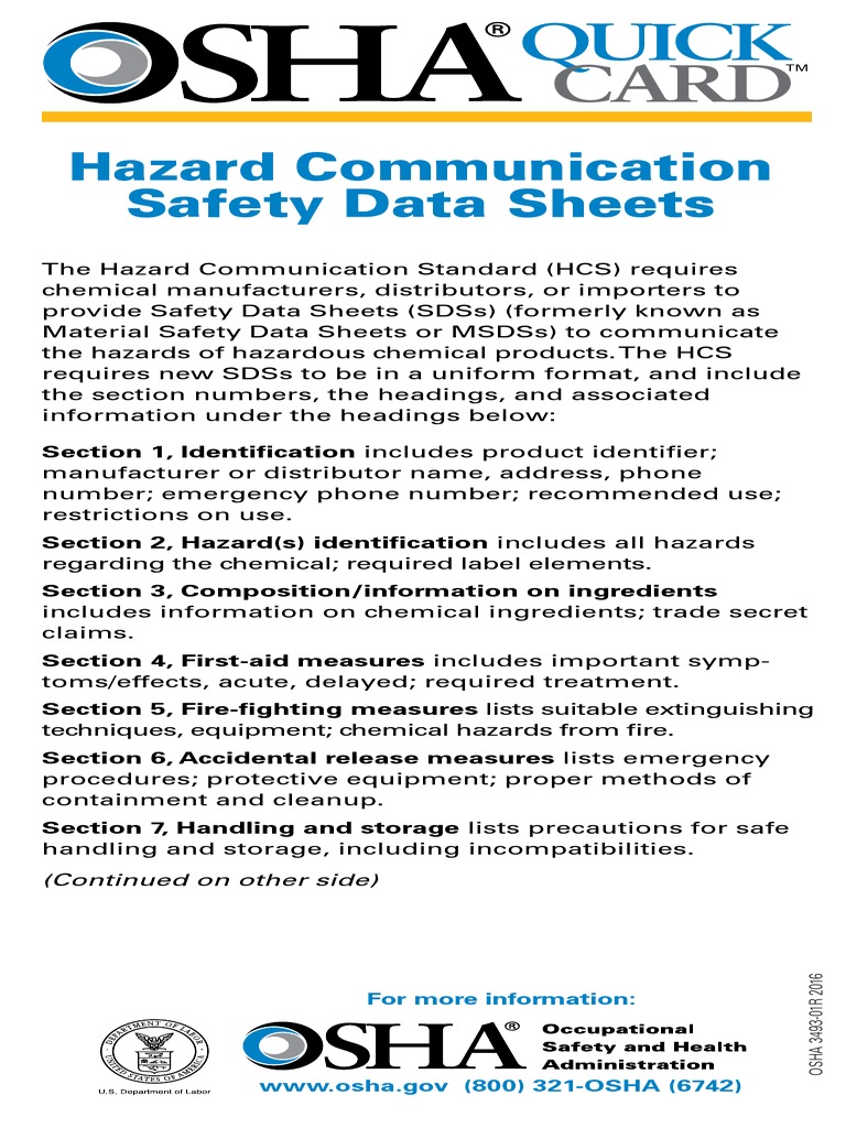 OSHA Quick Card: Safety Data Sheets | PDF | Occupational Safety And ...