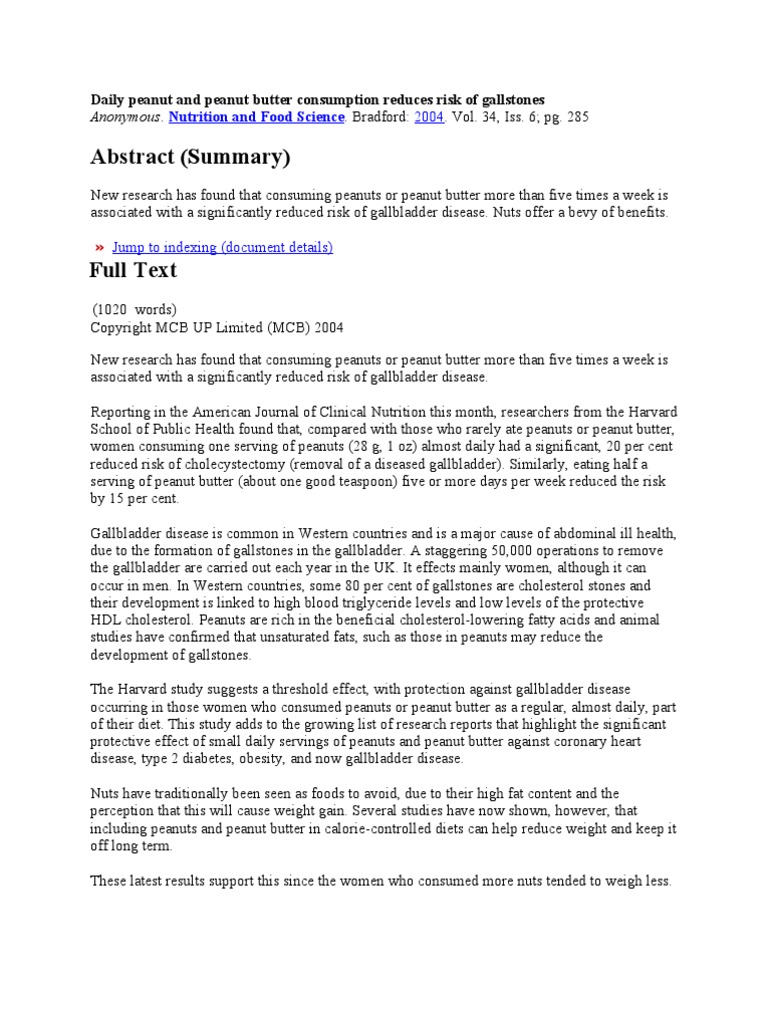 Daily Peanut and Peanut Butter Consumption Reduces Risk of Gallstones