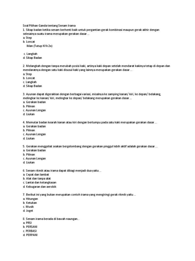 Soal Pilihan Ganda Tentang Senam Irama Docx