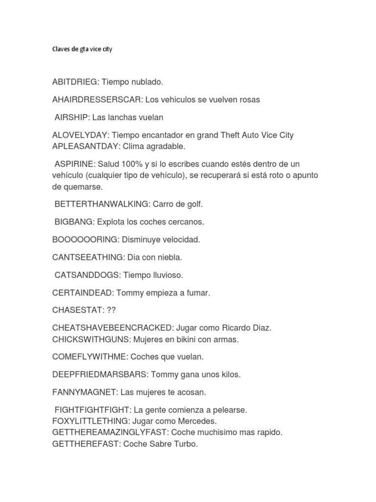 Claves de Gta Vice City PDF Ocio Deportes