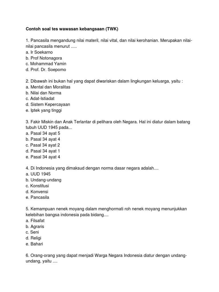 Soal Tes Wawasan Kebangsaan Dan Kunci Jawaban Pdf Terbaru