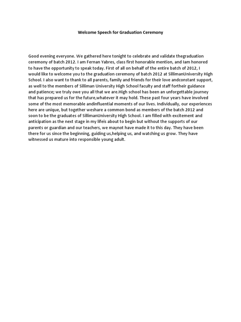 Welcome Speech For Graduation Ceremony Pdf
