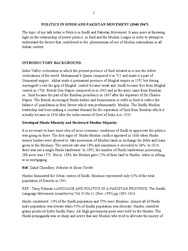 Sind Politics and The Pakistan Movement | PDF | All India Muslim League ...