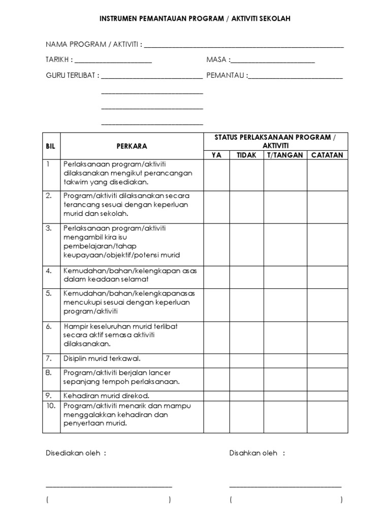 Borang Pemantauan Aktiviti Sekolah Pdf