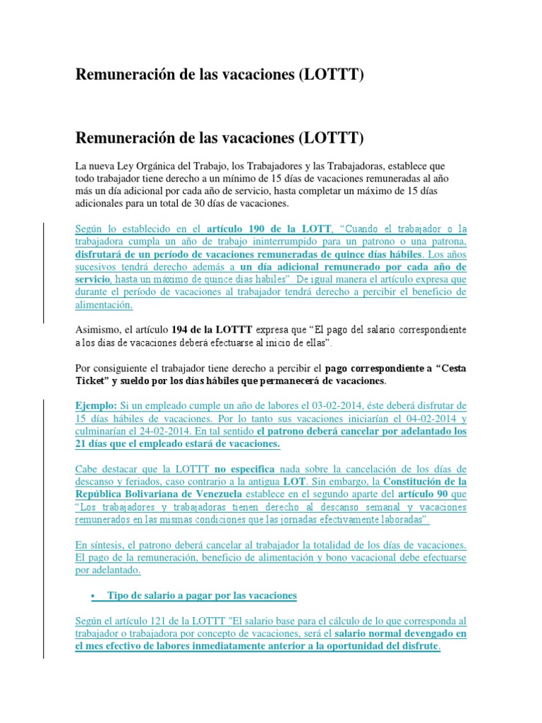 Remuneración de Las Vacaciones | PDF | Vacaciones | Salario