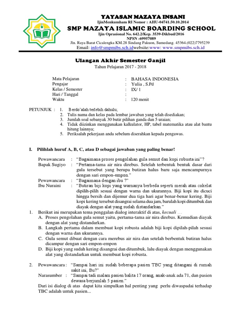 Soal Bahasa Indonesia Kelas Ix