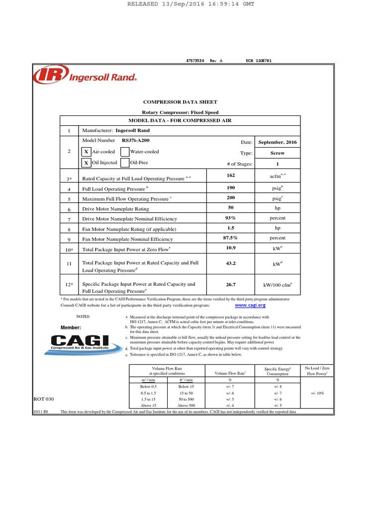 Ingersoll Rand RS37i Compressor Data Sheet | PDF | Gas Technologies | Gases