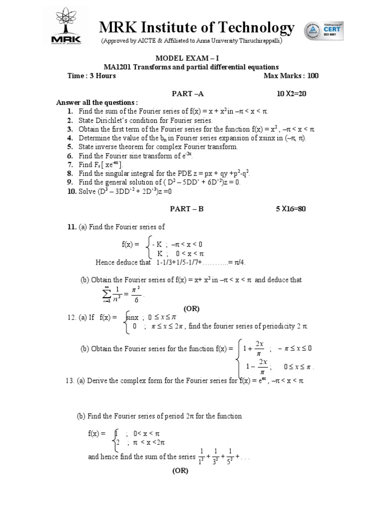 Model Exam for Transforms & PDEs | PDF | Equations | Fourier Series