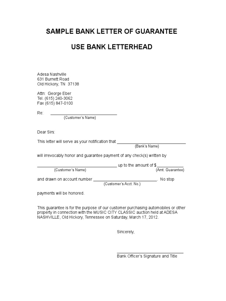 Sample Bank Letter of Guarantee For Adesa | PDF