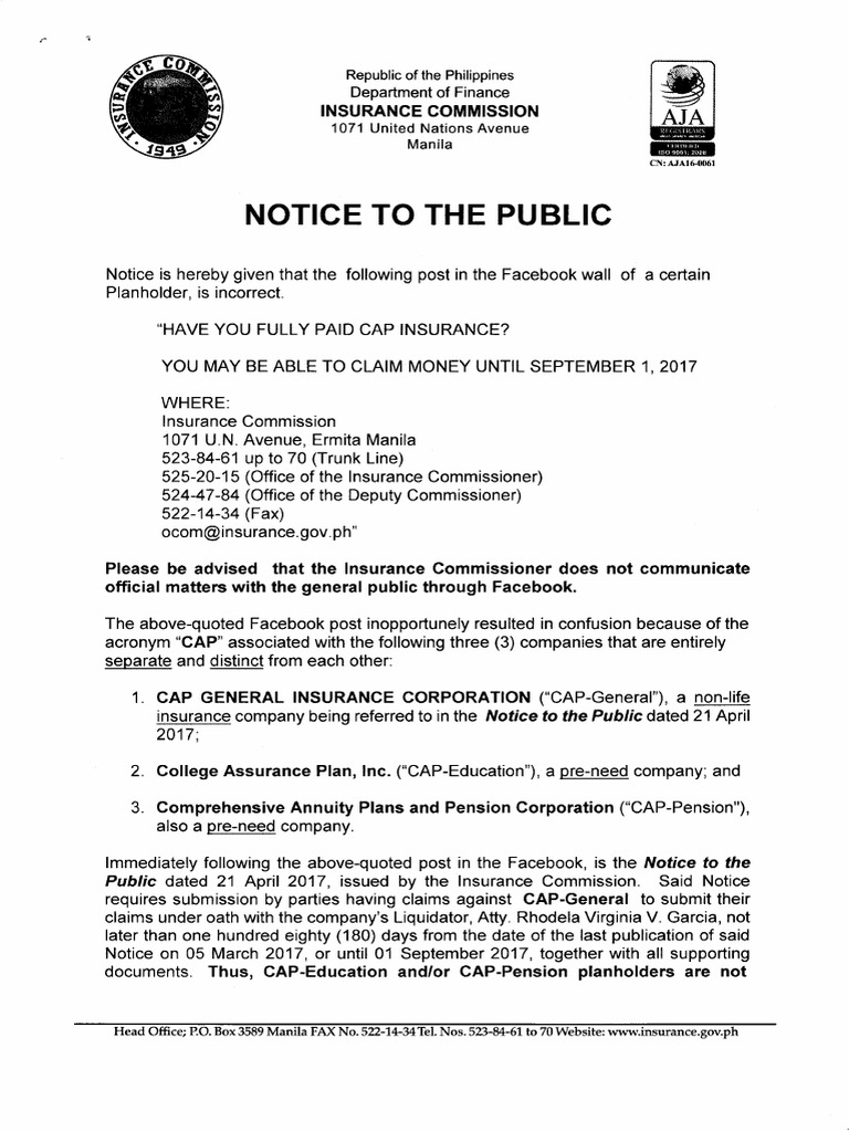 Notice To The Public Re CAPEducation and CAPPension Planholders Not Covered by The Notice