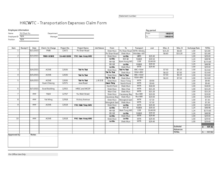 HKCWTC - Transportation Expenses Claim Form: Employee Information Pay ...