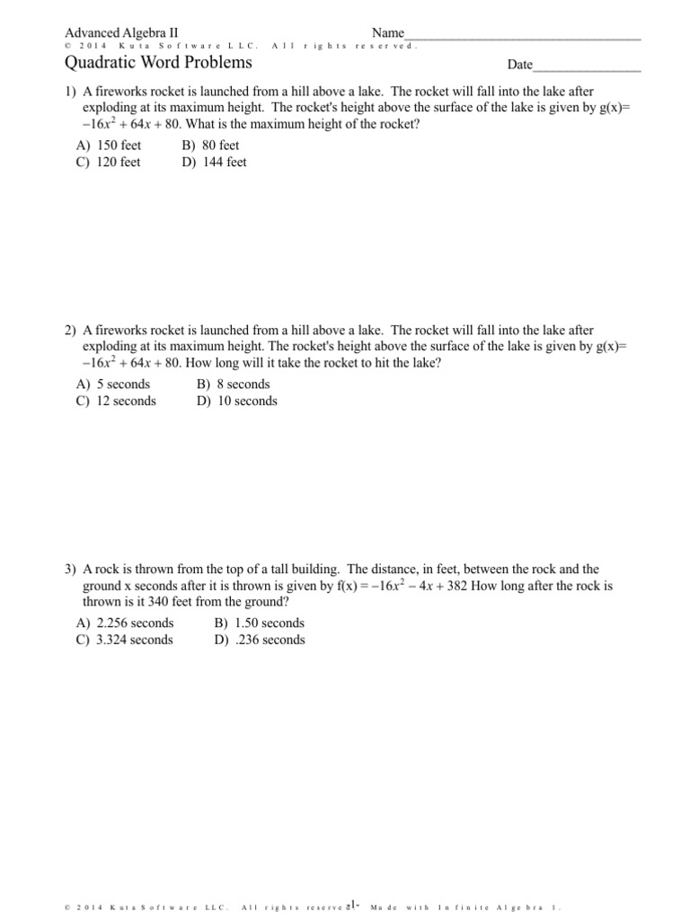 Quadratic Word Problems Teaching Mathematics Science