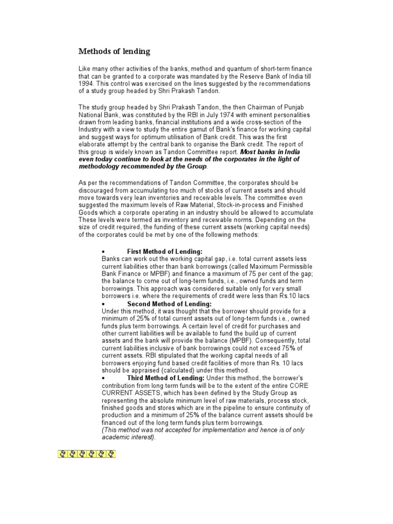 Tandon Committee Lending Methods Explained | PDF | Banks | Credit