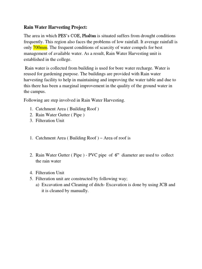 Rain Water Harvesting Project | PDF