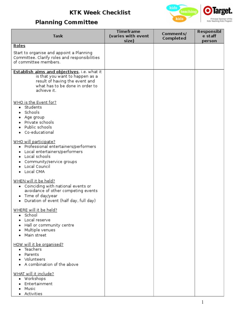Kids Teaching Kids Event Planning Checklists Detailed | PDF | First Aid ...
